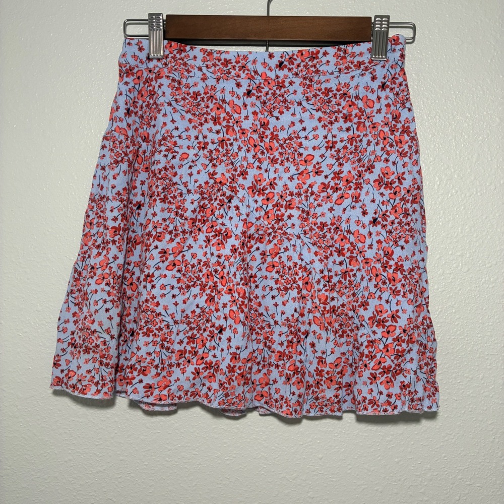 H&M Floral Mini Skirt Blue Red Orange Blossom Print Size 4 A-Line Viscose